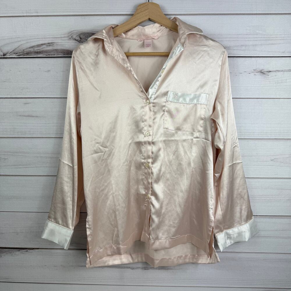 Victoria's Secret XS Women's‎ Light Pink White Satin Pajama Top Button Down